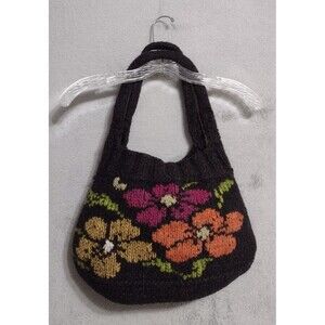 Embroidered Wool Purse Dark Gray Floral Knit Knot Studio Pink Orange Tan - EUC